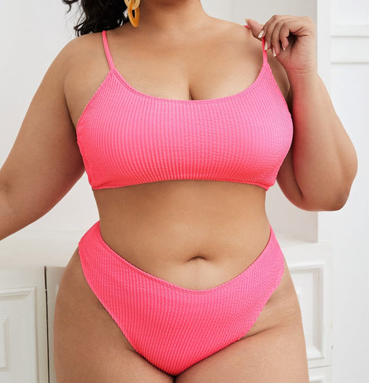 Ribbed Pink Bikini Set for Plus Size Beauties