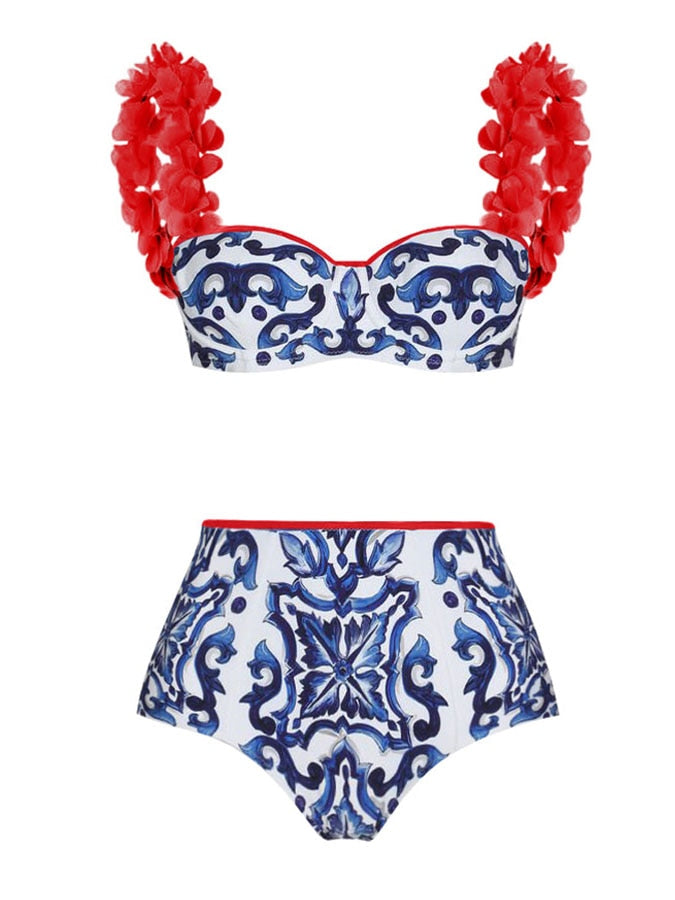 Boho Chic Red Ruffled Full Piece Swimsuit Set with Matching Swim Cover