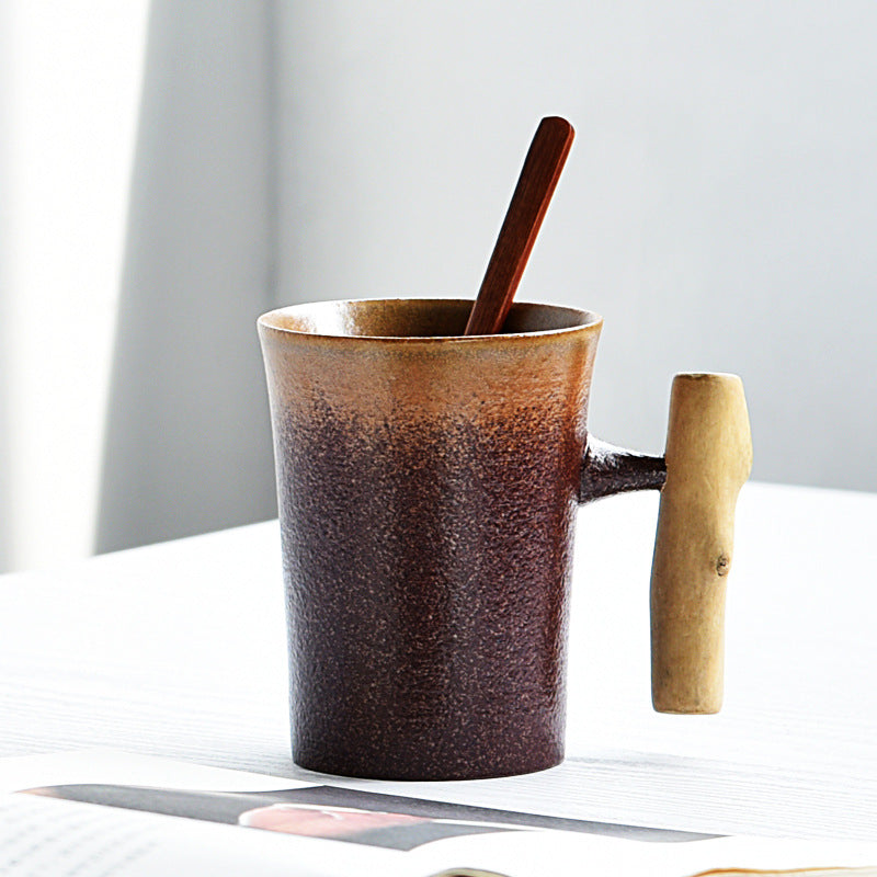 Glaze Retro Wooden Handle Mug, Household Ceramic Tea Cup, Handmade Rough Ceramic Office Coffee Cup