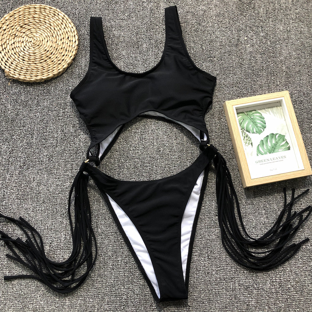 High Leg Cut One Piece Swimsuit with Tassels.