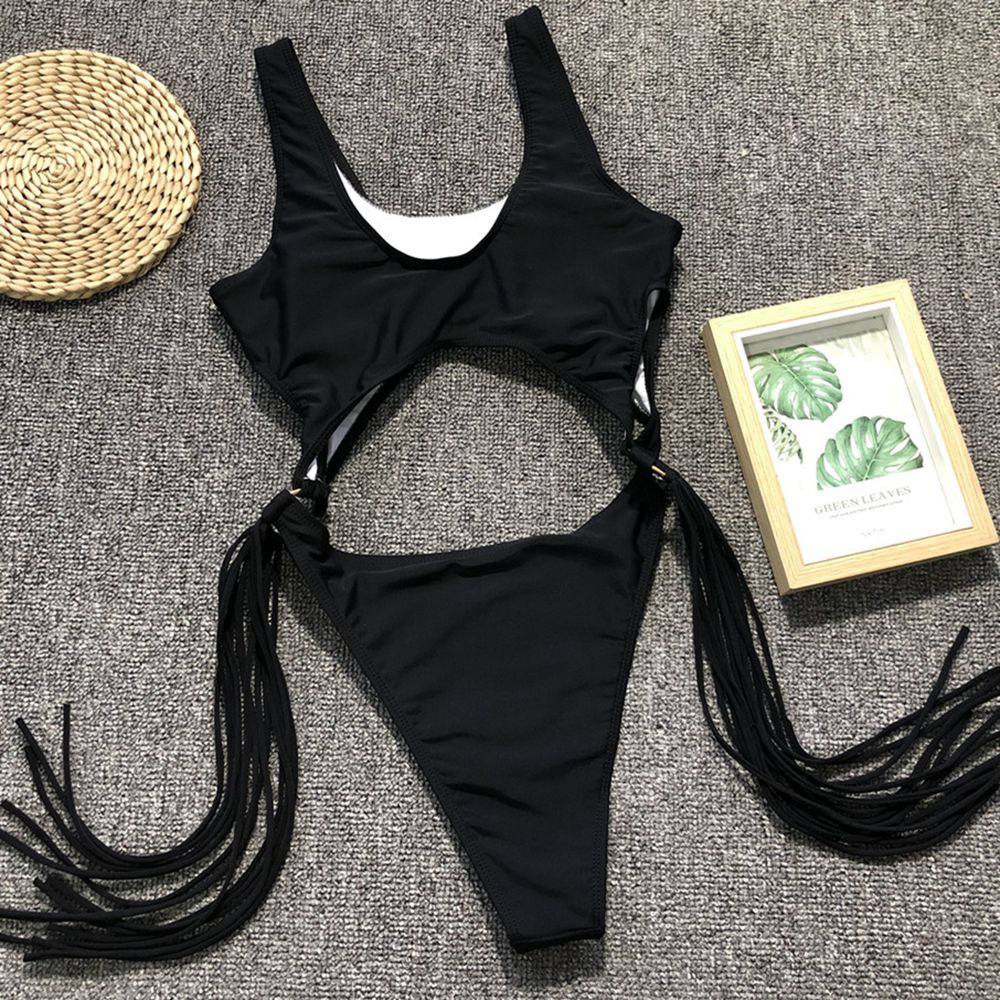 High Leg Cut One Piece Swimsuit with Tassels.