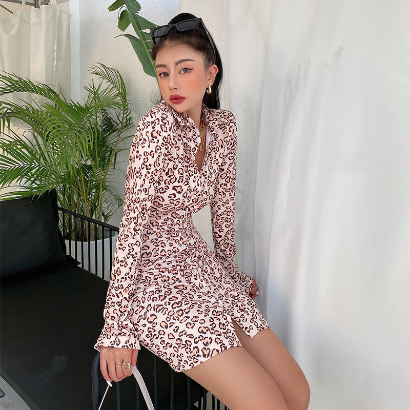 Pink Leopard Print Backless Shirt Dress