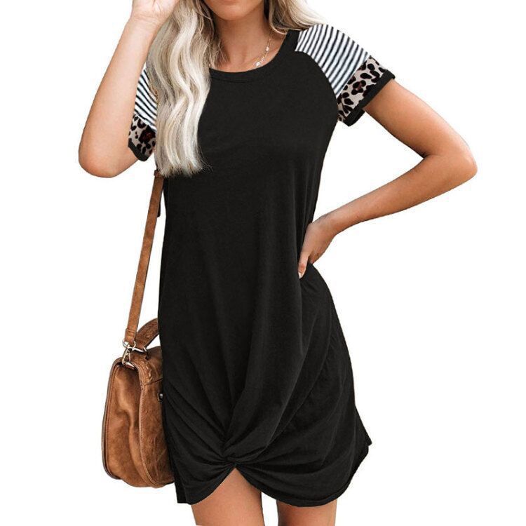 Raglan Leopard Print Stitching Short-sleeved T-shirt Dress