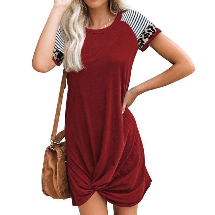 Raglan Leopard Print Stitching Short-sleeved T-shirt Dress