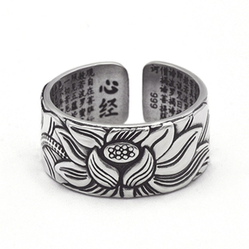 Buddhism Jewelry Like Vintage And Old Real Silver Plated Prajna Paramita Heart Sutra Lotus Ring