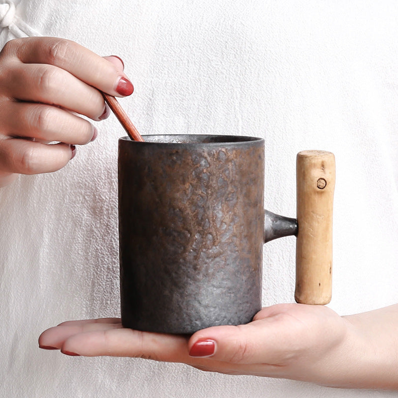 Glaze Retro Wooden Handle Mug, Household Ceramic Tea Cup, Handmade Rough Ceramic Office Coffee Cup