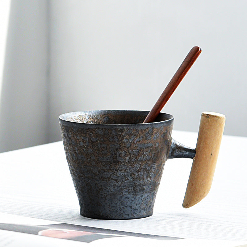 Glaze Retro Wooden Handle Mug, Household Ceramic Tea Cup, Handmade Rough Ceramic Office Coffee Cup