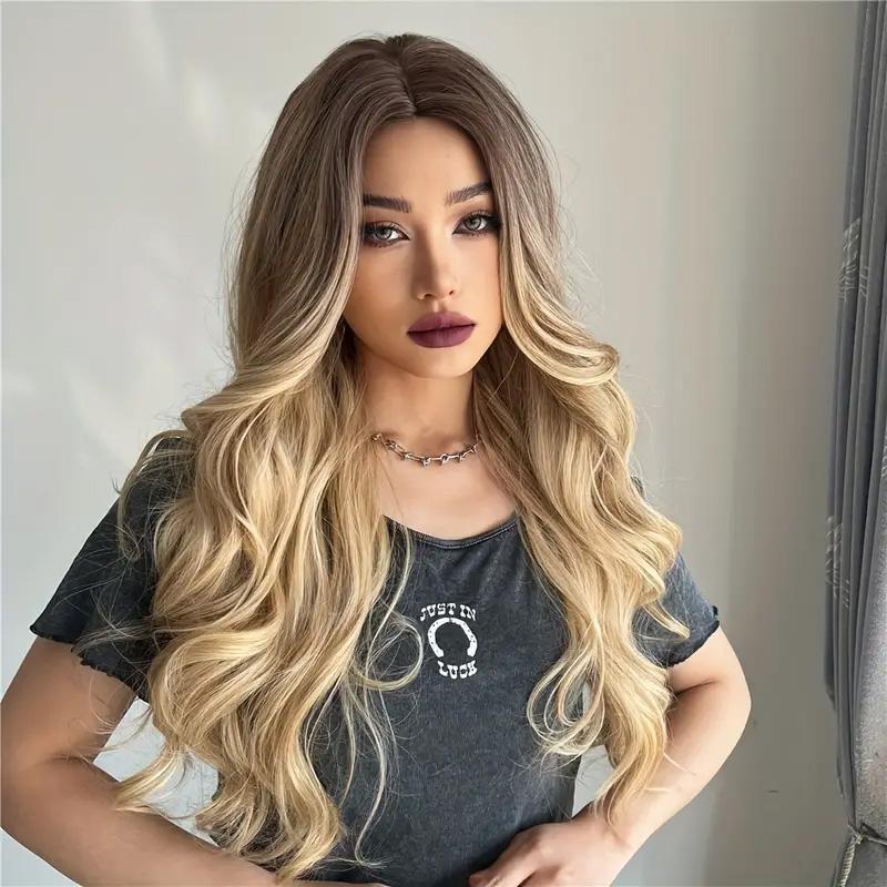 26 Inch Long Ash Blonde Wig With Bangs Natural Wavy Hair - Perfect For Daily Wear And Middle Part Style