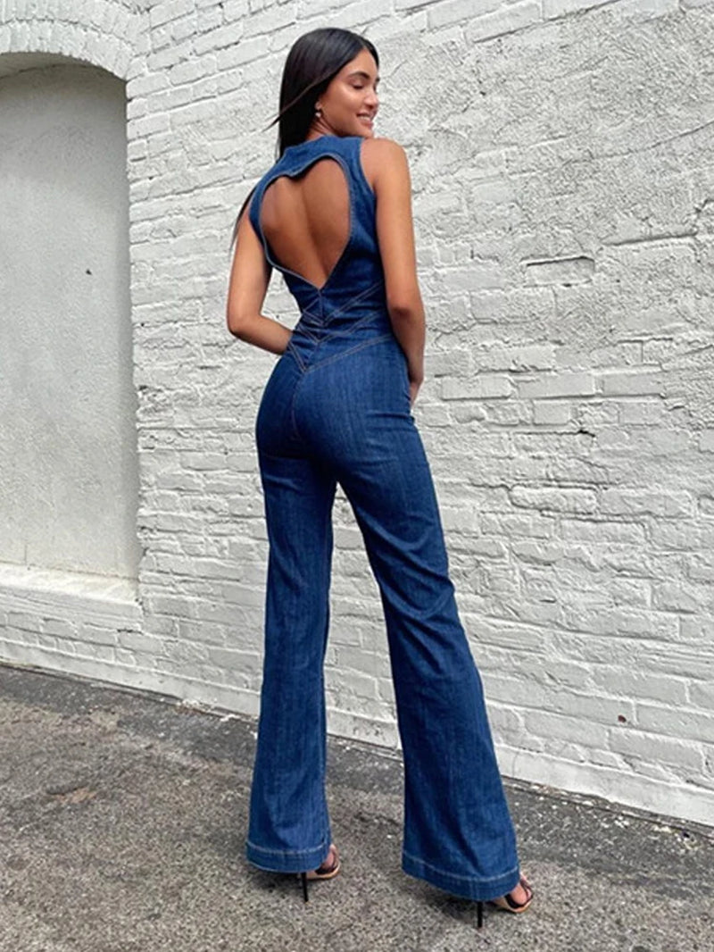 Denim Elegant Jumpsuit Women Zipper Heart Backless High Waist Straight-Leg Streetwear Trend Skinny Workout Overalls