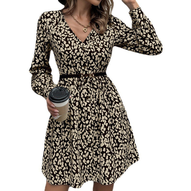 Leopard Print Deep V-Neck Button-Down Slim Mid-Length Dress