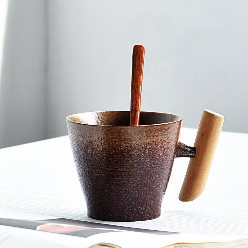 Glaze Retro Wooden Handle Mug, Household Ceramic Tea Cup, Handmade Rough Ceramic Office Coffee Cup