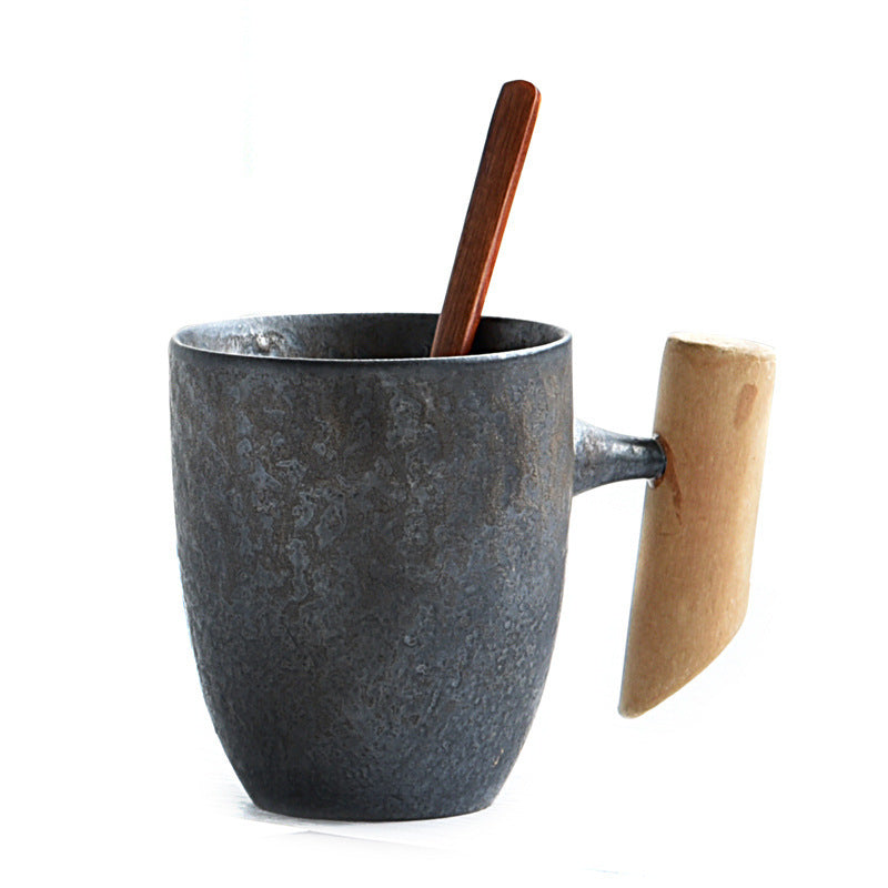 Glaze Retro Wooden Handle Mug, Household Ceramic Tea Cup, Handmade Rough Ceramic Office Coffee Cup