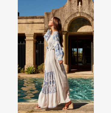 boho Moroccan embroidery Maxi Dress self tie boho dress v-neck tassle tie white dress female Spring summer dress