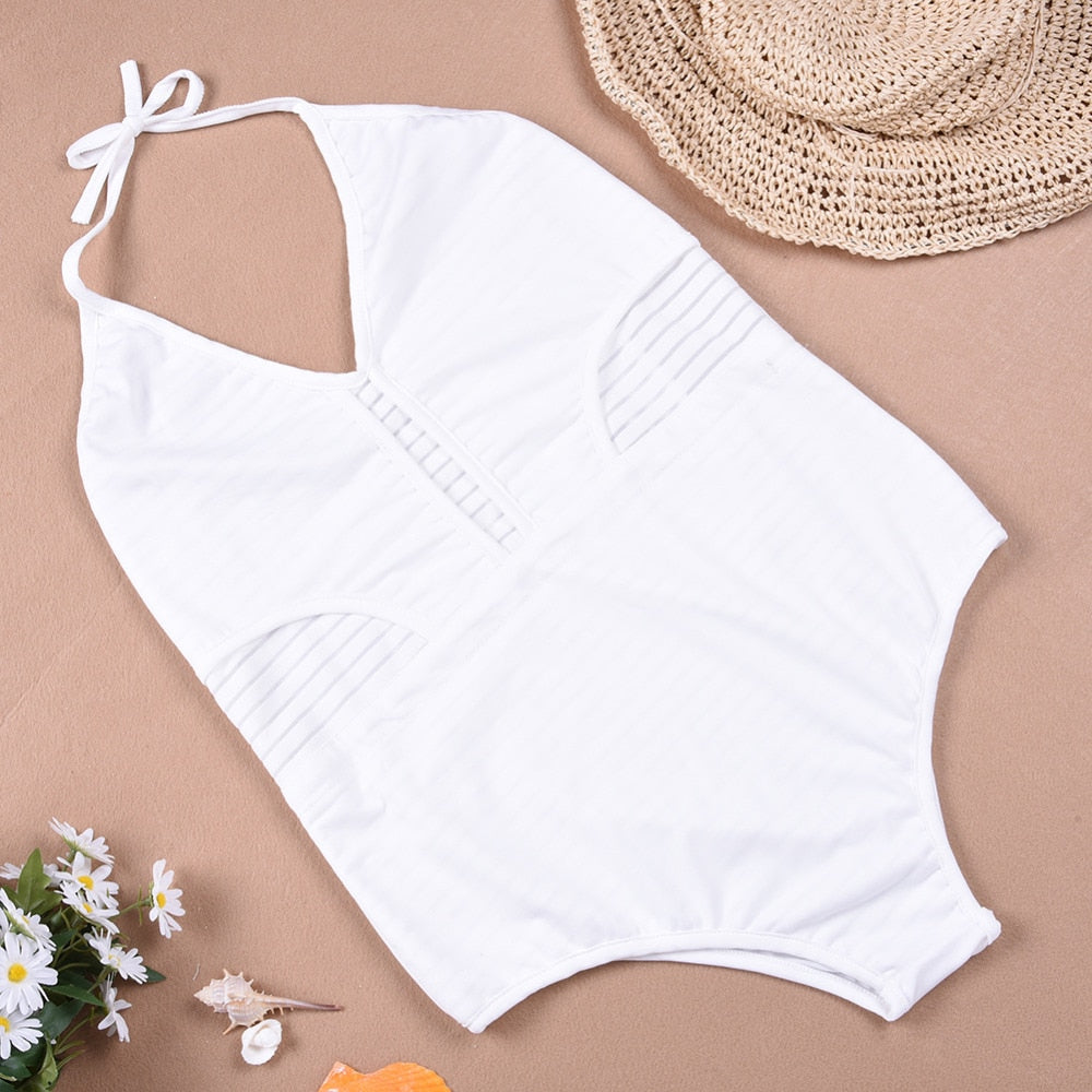 One Piece Bikini: White with Sheer Open Skin Strips