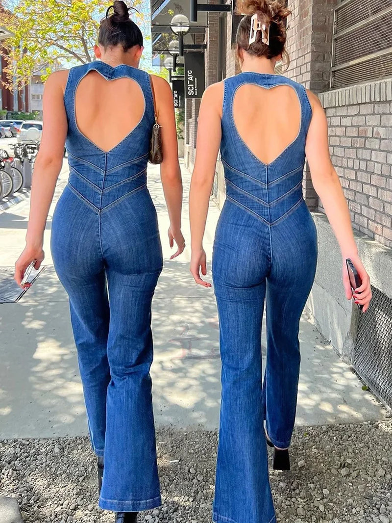 Denim Elegant Jumpsuit Women Zipper Heart Backless High Waist Straight-Leg Streetwear Trend Skinny Workout Overalls