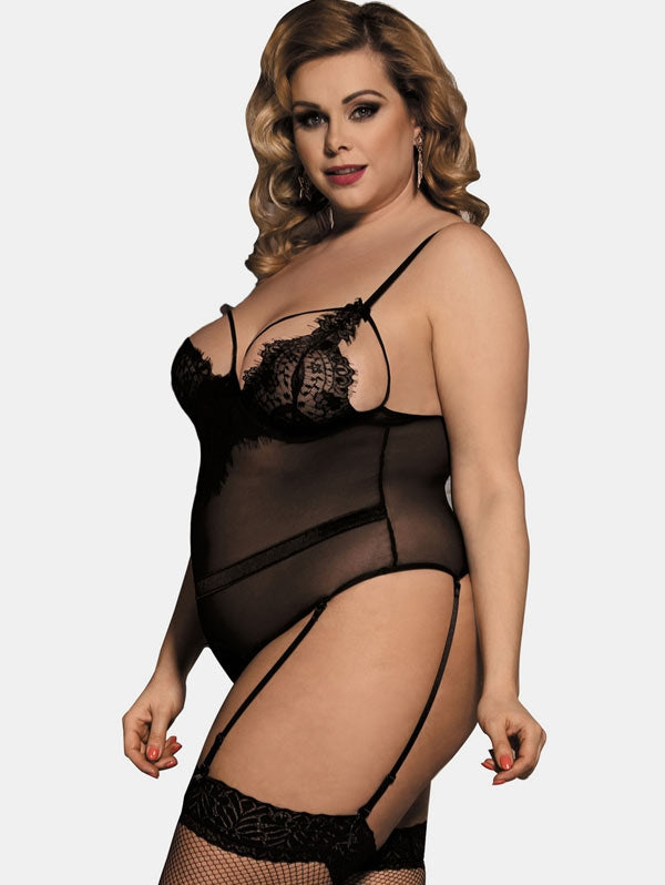 Plus Size Lace Insert Mesh Lingerie Teddy