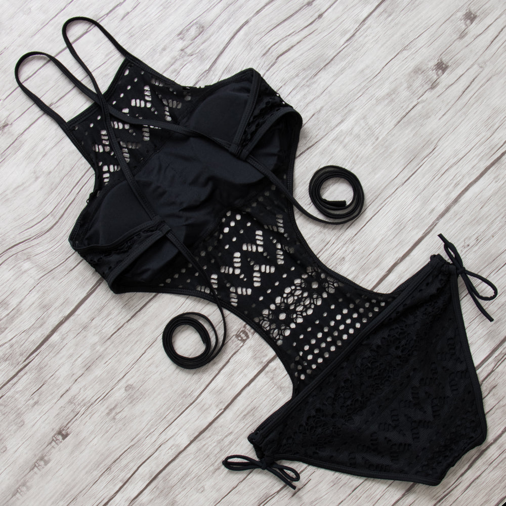 Swimwear halter one pieces swimsuit women sexy swimwear female hollow monokini black bathing suit pad swimming suit solid bodysuit