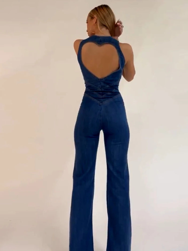 Denim Elegant Jumpsuit Women Zipper Heart Backless High Waist Straight-Leg Streetwear Trend Skinny Workout Overalls