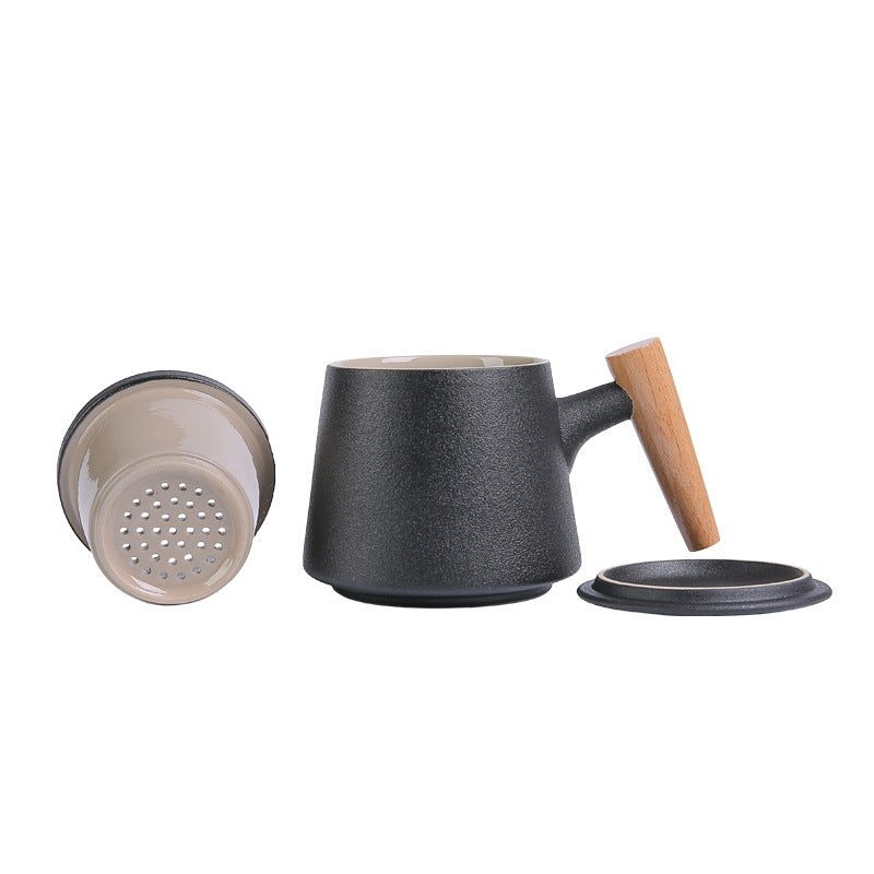 Wooden Handle Ceramic Tea Cup With Lid & Filter