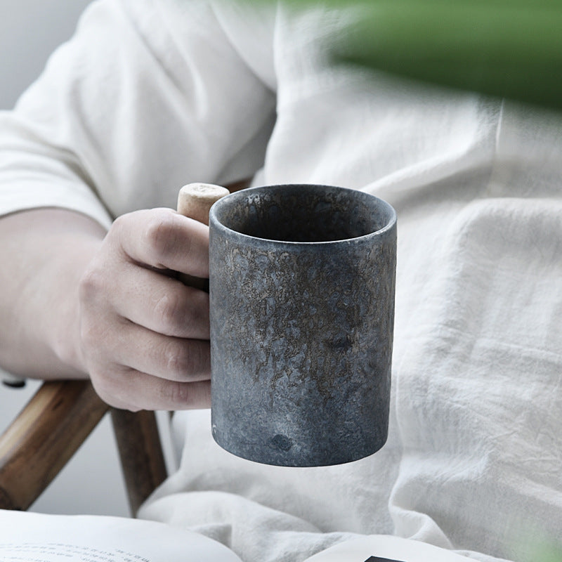 Glaze Retro Wooden Handle Mug, Household Ceramic Tea Cup, Handmade Rough Ceramic Office Coffee Cup