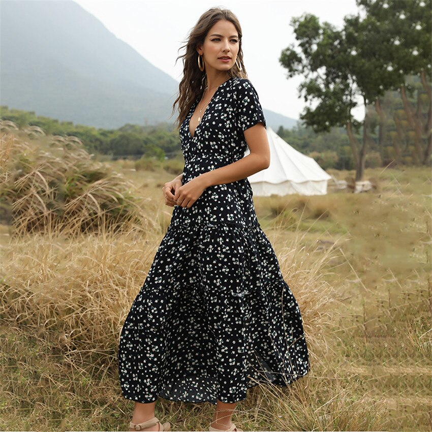 Summer Beach Holiday Dress Women Casual Floral Print Elegant  Boho Long Dress Ruffle Short-Sleeve V-neck Sexy Party Robe