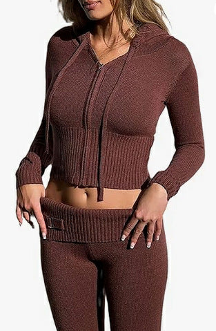 Knitted Hooded Suits Women's Fashion High Waist