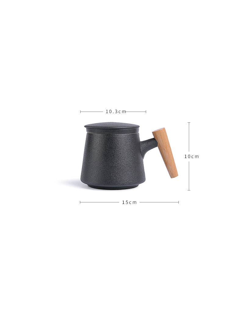 Wooden Handle Ceramic Tea Cup With Lid & Filter