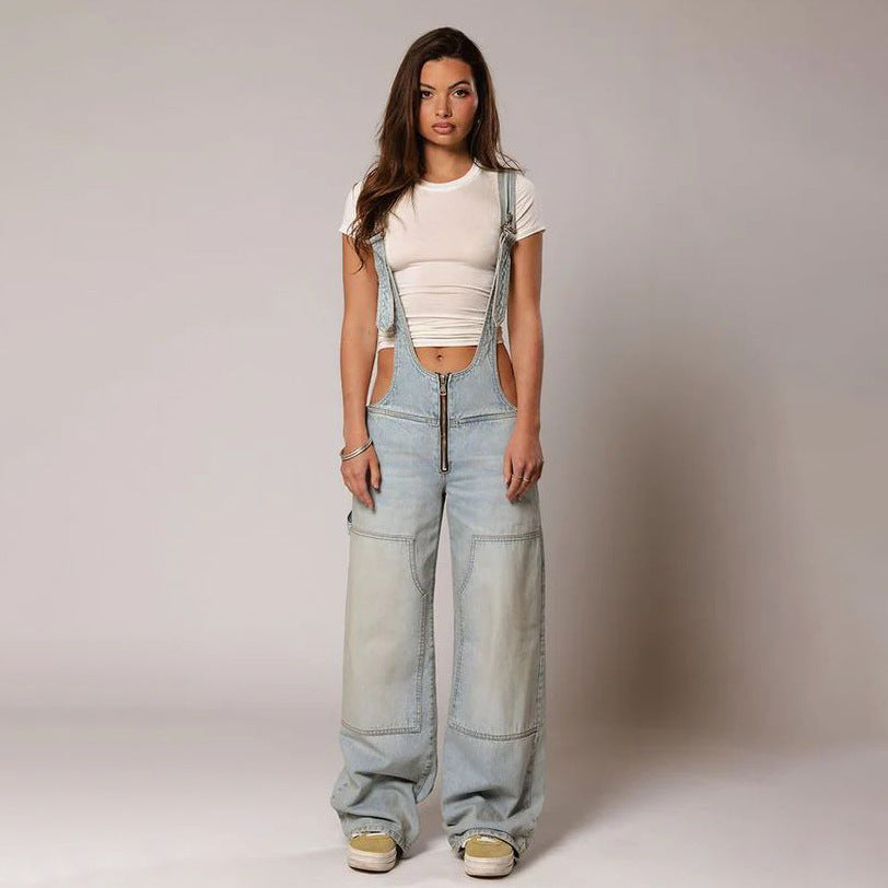 Y2K Zipper Denim Overalls