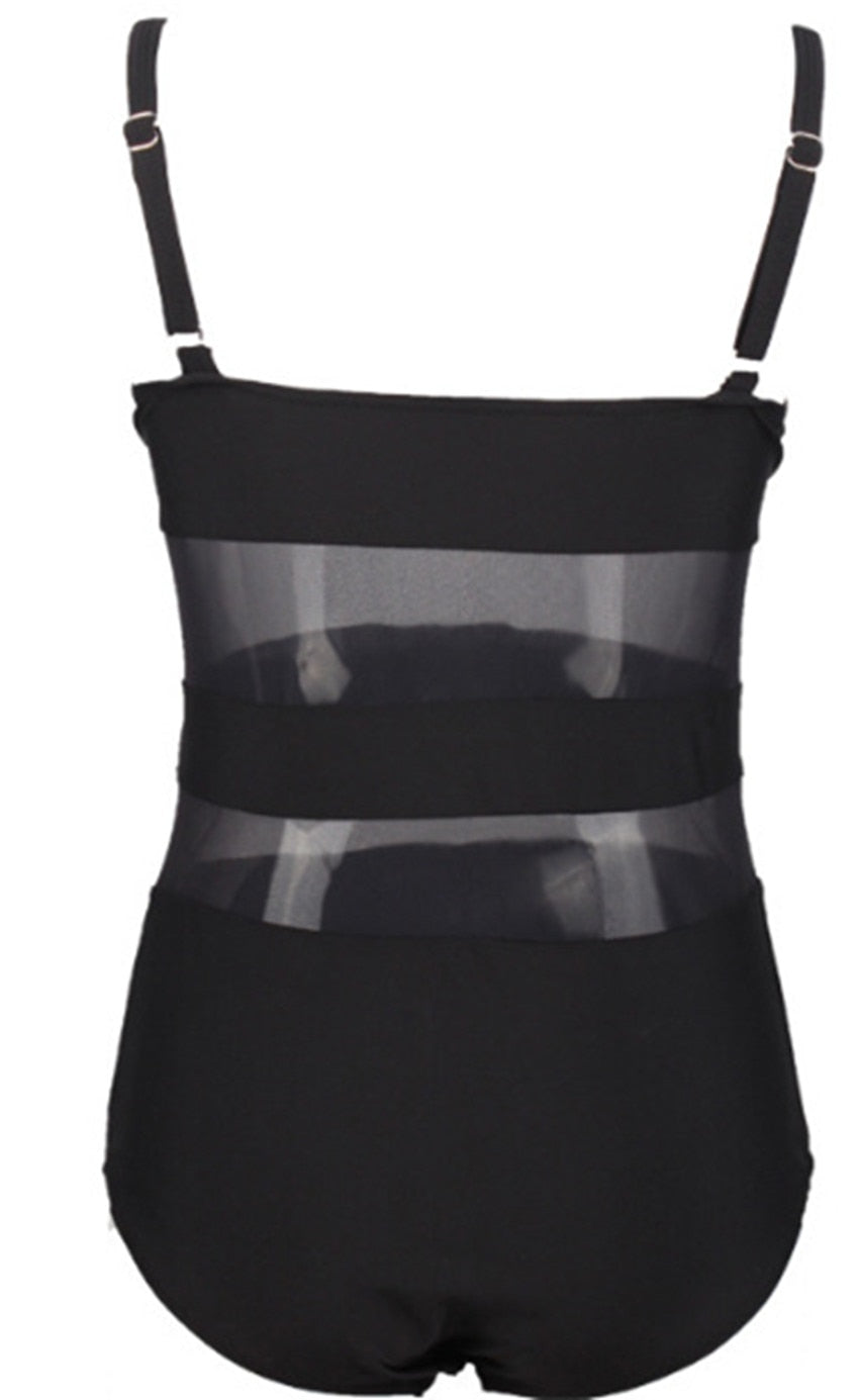 One-Piece Swimsuit with Sweatheart See-Through Mesh Bodice