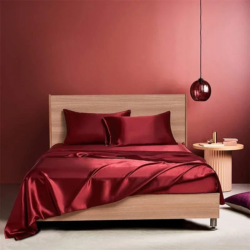 Four-piece Set Of Silk Bedding Sheets And Fitted Sheets