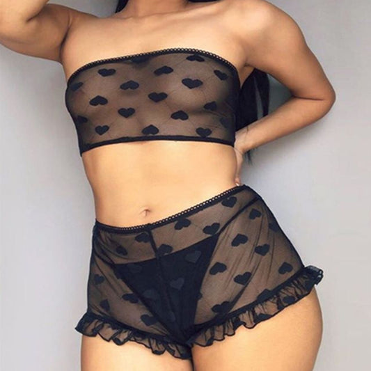 Sexy Mesh Sheer Bra Set Underwear Women Sexy Lingerie Underwear Ruffle Lingerie Lace Mesh Sleepwear Nightwear Bra Briefs Set