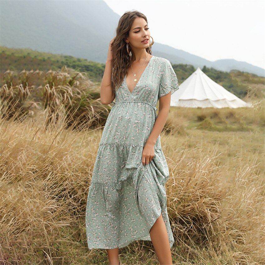 Summer Beach Holiday Dress Women Casual Floral Print Elegant  Boho Long Dress Ruffle Short-Sleeve V-neck Sexy Party Robe