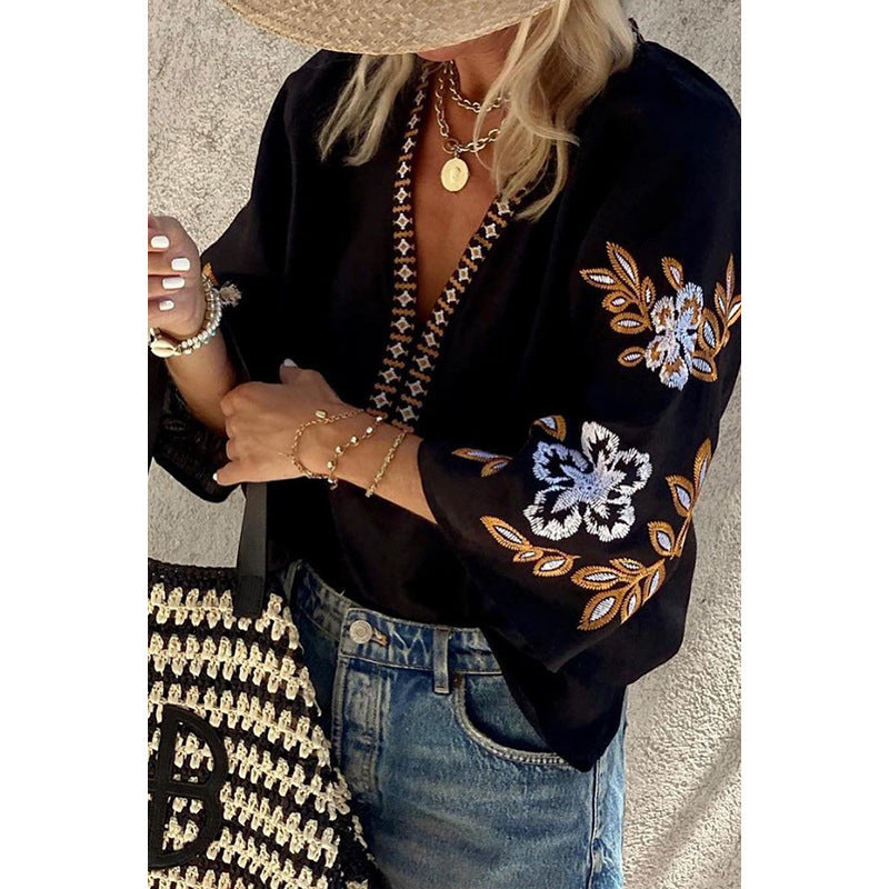 Women's Fashion All-match Embroidery Loose Shirt