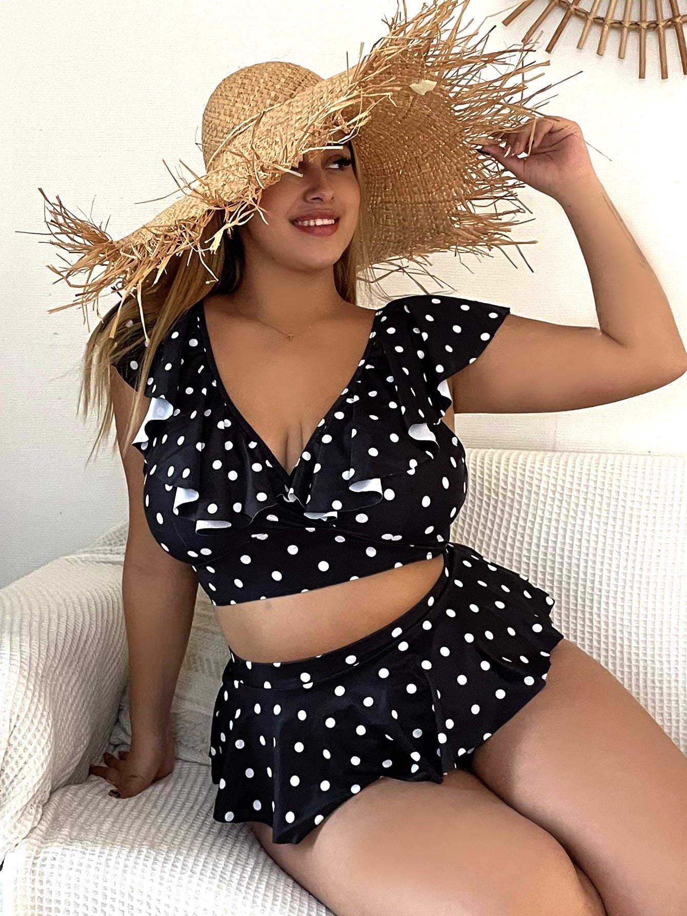 Black and White Polka Dots High Waisted Bikini Set for Plus Size Beauties