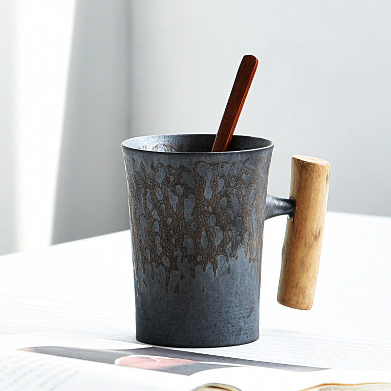 Glaze Retro Wooden Handle Mug, Household Ceramic Tea Cup, Handmade Rough Ceramic Office Coffee Cup