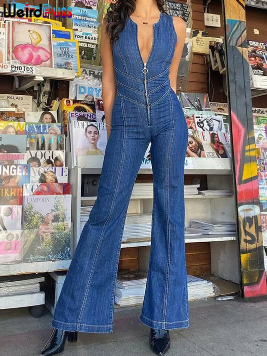 Denim Elegant Jumpsuit Women Zipper Heart Backless High Waist Straight-Leg Streetwear Trend Skinny Workout Overalls