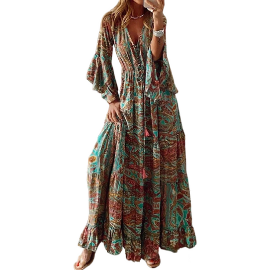 Turquoise and Brown Print Boho Maxi Dress