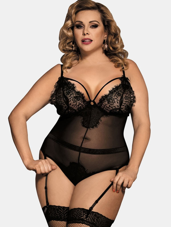 Plus Size Lace Insert Mesh Lingerie Teddy