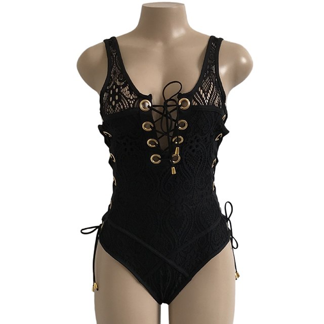 Eyelet Lace-Up One Piece Swimsuit with Trikini Thong and Backless Design