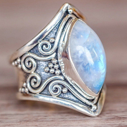 Vintage Silver Big Stone Ring for Women Fashion Bohemian Boho Jewelry