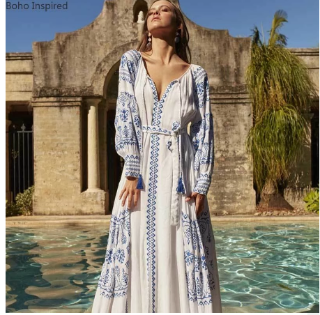 boho Moroccan embroidery Maxi Dress self tie boho dress v-neck tassle tie white dress female Spring summer dress