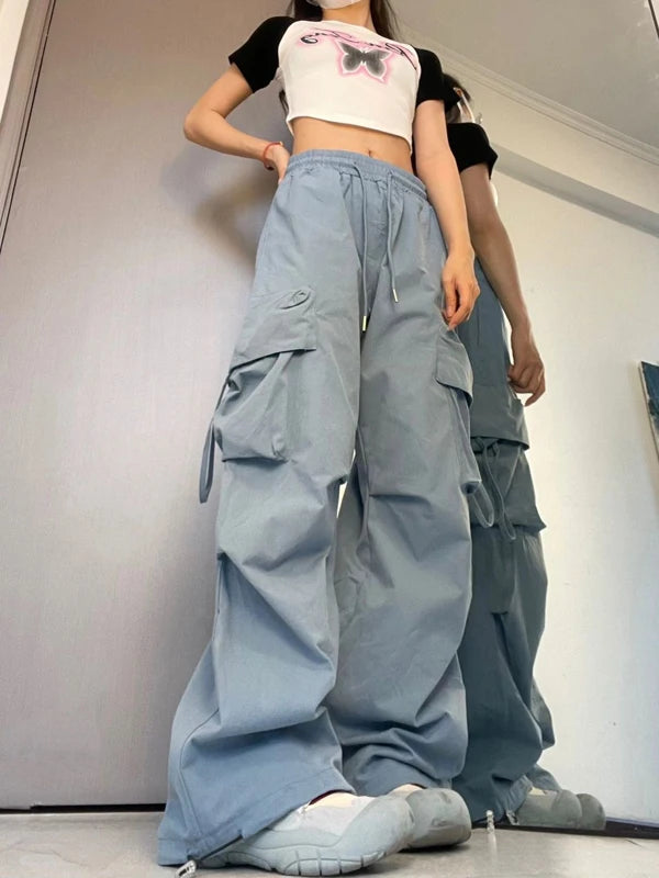 Women Y2K Cargo Pants Fashion Casual High Waist Big Pockets Hip Hop Trousers Female Streetwear Drawstring Baggy Sweatpants