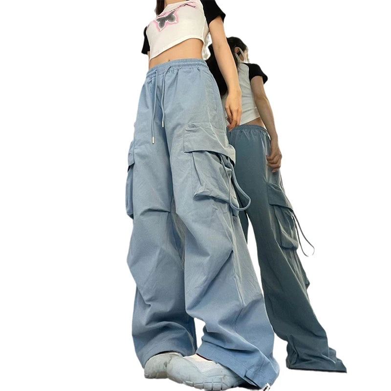 Women Y2K Cargo Pants Fashion Casual High Waist Big Pockets Hip Hop Trousers Female Streetwear Drawstring Baggy Sweatpants