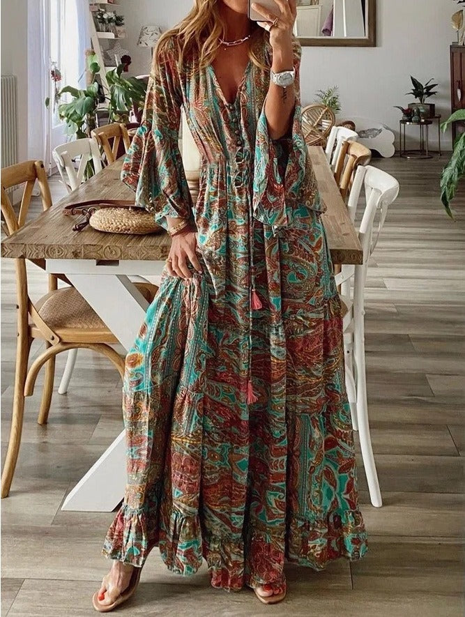 Turquoise and Brown Print Boho Maxi Dress