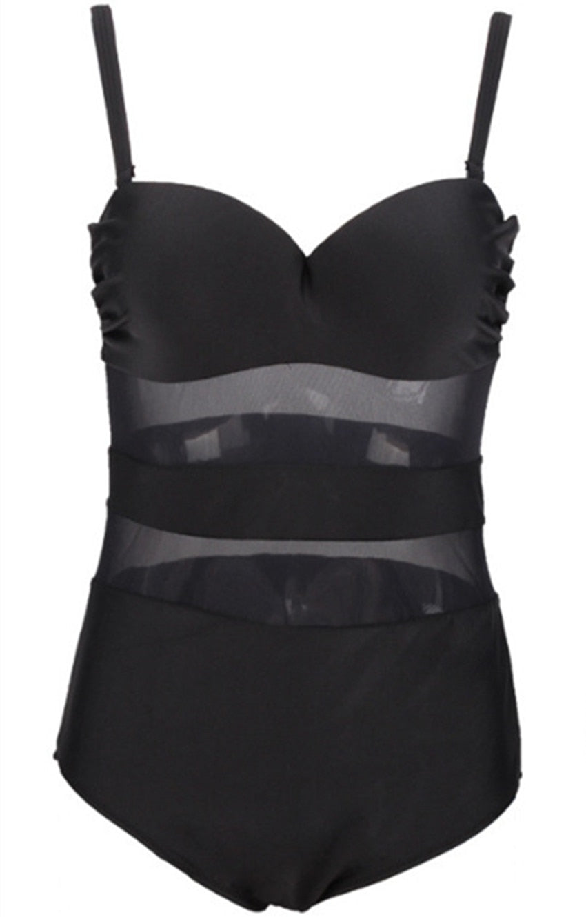 One-Piece Swimsuit with Sweatheart See-Through Mesh Bodice