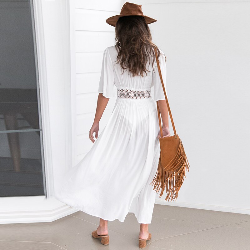 Summer Dress See Through Crochet Lace White Beach Dress Women Sexy Deep V Neck Midi Bohemian Boho Dress