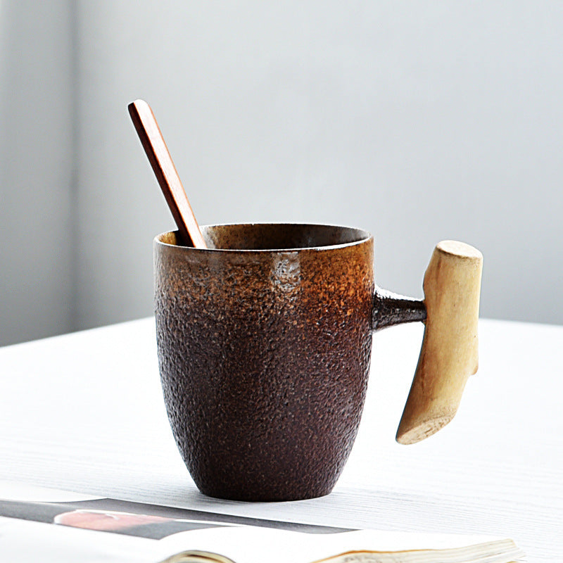 Glaze Retro Wooden Handle Mug, Household Ceramic Tea Cup, Handmade Rough Ceramic Office Coffee Cup