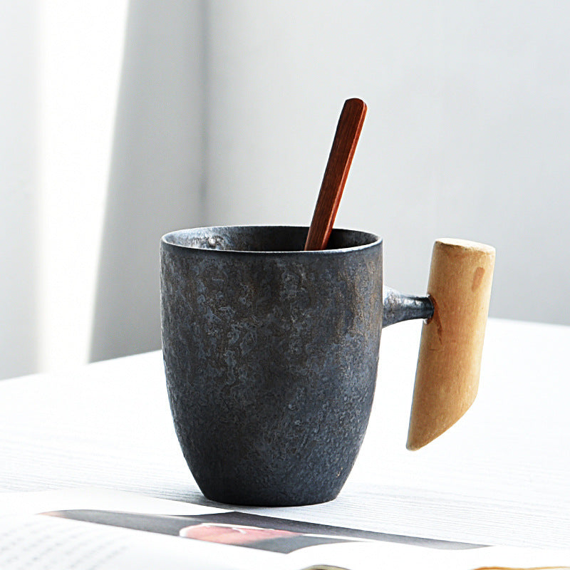 Glaze Retro Wooden Handle Mug, Household Ceramic Tea Cup, Handmade Rough Ceramic Office Coffee Cup