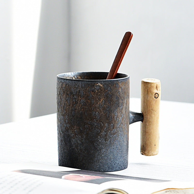 Glaze Retro Wooden Handle Mug, Household Ceramic Tea Cup, Handmade Rough Ceramic Office Coffee Cup