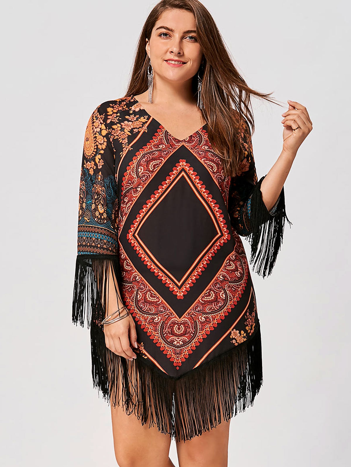 Plus Size Tribal Printed Chiffon Tassel Dress